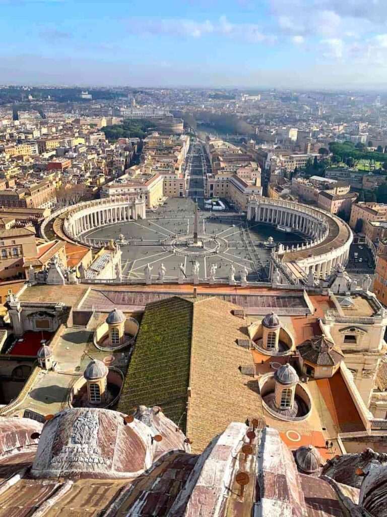 The view of St Peter’s Square from the Dome of St Peter’s Basilica. The Sqaure and the Basilica are a must-go while on a pilgrimage to the Vatican